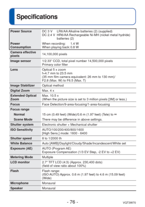 Page 76- 76 -VQT3W70
Specifications
Power SourceDC 3 V       LR6/AA Alkaline batteries (2) (supplied)
DC 2.4 V    HR6/AA Rechargeable Ni-MH (nickel metal hydride) 
batteries (2)
Power 
Consumption When recording:     1.4 W
When playing back: 0.8 W
Camera effective 
pixels 14,100,000 pixels
Image sensor 1/2.33” CCD, total pixel number 14,500,000 pixels
Primary color filter
Lens Optical 5 x zoom
f=4.7 mm to 23.5 mm
(35 mm film camera equivalent: 26 mm to 130 mm)/
F2.8 (Max. W) to F6.5 (Max. T)
Image Stabilizer...