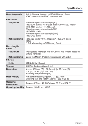 Page 77- 77 -VQT3W70
Specifications
Recording mediaBuilt-in Memory (Approx. 10 MB)/SD Memory Card/
SDHC Memory Card/SDXC Memory Card
Picture size Still picture When the aspect ratio setting is [4:3]
4320×3240 pixels / 3648×2736 pixels / 2560×1920 pixels / 
2048×1536 pixels / 640×480 pixels
When the aspect ratio setting is [3:2]
4320×2880 pixels
When the aspect ratio setting is [16:9]
4320×2432 pixels
Motion pictures 1280×720 pixels∗
 / 640×480 pixels ∗
 / 320×240 pixels
30 fps
( ∗
 Only when using an SD Memory...