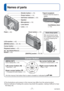 Page 7- 7 -VQT3W70
 
Names of parts
 Cursor button
Tripod receptacle • Ensure that the tripod is stable.
Card/Battery door 
(→10)
Shutter button 
(→16)
Power button  (→14)
Self-timer indicator (→34)
Speaker
Microphone  (→19)
Lens barrel
Lens (→4)
LCD monitor  (→62)
[MODE] button  (→29, 48)
Cursor button
Playback button (→20) [
 / ] (Delete/Return) 
button  (→23) Zoom button 
(→18)
Flash (→32)
Hand strap eyelet
We recommend using 
the supplied hand strap 
to avoid dropping the 
camera.
[DIGITAL] socket  (→ 55,...