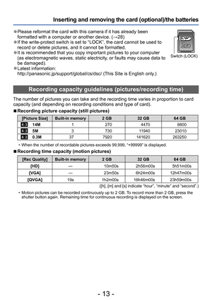 Page 13- 13 -
Inserting and removing the card (optional)/the batteries
 ●Please reformat the card with this camera if it has already been 
formatted with a computer or another device. (→28)
 ●If the write-protect switch is set to “LOCK”, the card cannot be used to 
record or delete pictures, and it cannot be formatted. 
 ●It is recommended that you copy important pictures to your computer 
(as electromagnetic waves, static electricity, or faults may cause data to 
be damaged).
 ●Latest information:...