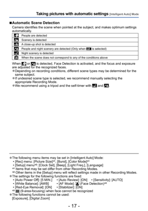 Page 17- 17 -
Taking pictures with automatic settings [Intelligent Auto] Mode
 ■Automatic Scene Detection
Camera identifies the scene when pointed at the subject, and makes optimum settings 
automatically.
People are detected
Scenery is detected
A close-up shot is detected
People and night scenery are detected (Only when  is selected)
Night scenery is detected
When the scene does not correspond to any of the conditions above
When  or  is detected, Face Detection is activated, and the focus and exposure 
are...