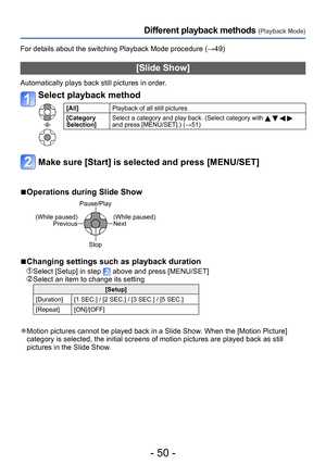 Page 50- 50 -
Different playback methods (Playback Mode)
For details about the switching Playback Mode procedure (→49)
[Slide Show]
Automatically plays back still pictures in order.
Select playback method
[All]Playback of all still pictures
[Category 
Selection] Select a category and play back. (Select category with 
    
and press [MENU/SET].) (→51)
Make sure [Start] is selected and press [MENU/SET]
 ■Operations during Slide Show
Pause/Play
(While paused) Previous
(While paused)
Next 
Stop
 ■Changing settings...