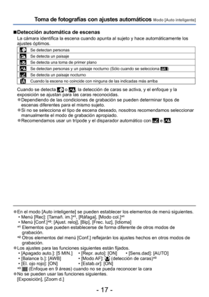 Page 17- 17 -
Toma de fotografías con ajustes automáticos Modo [Auto inteligente]
 ■Detección automática de escenas
La cámara identifica la escena cuando apunta al sujeto y hace automáticamente los 
ajustes óptimos.
Se detectan personas
Se detecta un paisaje
Se detecta una toma de primer plano
Se detectan personas y un paisaje nocturno (Sólo cuando se selecciona )
Se detecta un paisaje nocturno
Cuando la escena no coincide con ninguna de las indicadas más arriba
Cuando se detecta  o , la detección de caras se...