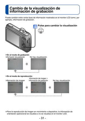 Page 31- 31 -
Cambio de la visualización de 
información de grabación
Puede cambiar entre varios tipos de información mostrados en el monitor LCD como, por 
ejemplo, información de grabación.
 ●Para la reproducción de imagen en movimiento o diapositiva, la información de 
orientación operacional se visualiza o no se visualiza en el monitor LCD.
 ●En el modo de grabaciónInformación de grabaciónNo hay visualización
 ●En el modo de reproducción
Información de imagenInformación de imagen + 
Información de...