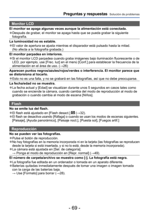 Page 69- 69 -
Preguntas y respuestas  Solución de problemas
Monitor LCD
El monitor se apaga algunas veces aunque la alimentación está conectada.
 ●Después de grabar, el monitor se apaga hasta que se pueda grabar la siguiente 
fotografía.
La luminosidad no es estable.
 ●El valor de apertura se ajusta mientras el disparador está pulsado hasta la mitad.   
(No afecta a la fotografía grabada.)
El monitor parpadea en interiores.
 ●Si el monitor LCD parpadea cuando graba imágenes bajo iluminación fluorescente o de...