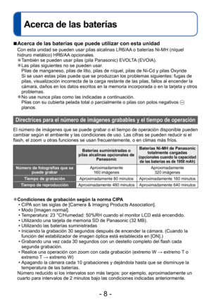 Page 8- 8 -
Acerca de las baterías
 ■Acerca de las baterías que puede utilizar con esta unidad
Con esta unidad se pueden usar pilas alcalinas LR6/AA o baterías Ni-MH (níquel 
hidruro metálico) HR6/AA opcionales.
 ●También se pueden usar pilas (pila Panasonic) EVOLTA (EVOIA). ●Las pilas siguientes no se pueden usar. 
Pilas de manganeso, pilas de litio, pilas de níquel, pilas de Ni-Cd y pilas Oxyride  
Si se usan estas pilas puede que se produzcan los problemas siguientes: fugas de 
pilas, visualización...