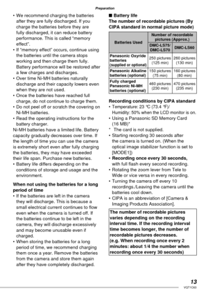 Page 1313VQT1C63
Preparation
•  We recommend charging the batteries 
after they are fully discharged. If you 
charge the batteries before they are 
fully discharged, it can reduce battery 
performance. This is called “memory 
effect”.
•  If “memory effect” occurs, continue using 
the batteries until the camera stops 
working and then charge them fully.
Battery performance will be restored after 
a few charges and discharges.
•  Over time Ni-MH batteries naturally 
discharge and their capacity lowers even 
when...