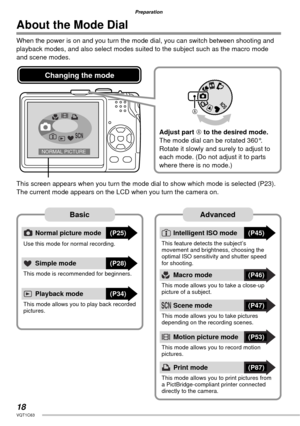 Page 1818VQT1C63
Preparation
SCN
SCN
ASCN
Changing the mode
About the Mode Dial
When the power is on and you turn the mode dial, you can switch between shooting and 
playback modes, and also select modes suited to the subject such as the macro mode 
and scene modes.
Basic
Normal picture mode(P25)
Use this mode for normal recording.
Adjust part A to the desired mode.
The mode dial can be rotated 360°. 
Rotate it slowly and surely to adjust to 
each mode. (Do not adjust it to parts 
where there is no mode.)
This...