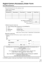 Page 111111VQT1C63
Others
Digital Camera Accessory Order Form 
(For USA Customers)
Please photocopy this form when placing an order.
1. Digital Camera Model #                                     
2. Items Ordered
3. Method of payment (check one)
Check of Money Order enclosed (NO C.O.D.SHIPMENTS)
VISA Credit Card #                                                                                  
MasterCard Expiration Date                                                                                 
Discover...