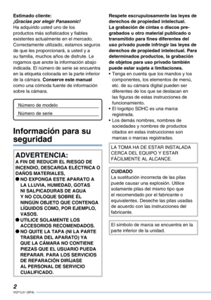 Page 2
VQT1L51 (SPA)

Estimado cliente:¡Gracias por elegir Panasonic!Ha adquirido usted uno de los productos más sofisticados y fiables existentes actualmente en el mercado. Correctamente utilizado, estamos seguros de que les proporcionará, a usted y a su familia, muchos años de disfrute. Le rogamos que anote la información abajo indicada. El número de serie se encuentra en la etiqueta colocada en la parte inferior de la cámara. Conserve este manual como una cómoda fuente de información sobre la cámara....