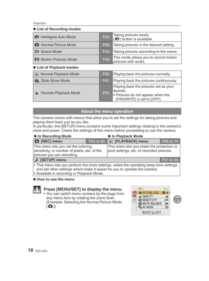 Page 18Preparation
18VQT1X05
List of Recording modes
4 Intelligent Auto Mode P25Taking pictures easily.
[
4
] b
utton is available.
1  Normal Picture Mode P28Taking pictures in the desired setting.
5  Scene Mode P42Taking pictures according to the scene.
6  Motion Pictures Mode P49This mode allows you to record motion 
pictures with audio

.
List of Playback modes
9  Normal Playback Mode
P32Playing back the pictures normally.
8  Slide Sho
w Mode P61Playing back the pictures continuously.
z  F

avorite Playback...