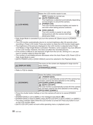 Page 22Preparation
22VQT1X05
- [LCD MODE] Makes the LCD monitor easier to see.
 
[OFF]: Suitable for normal use.
x  
[AUTO POWER LCD]:
The brightness is adjusted automatically depending 
on how bright it is around the camera.
c  
[POWER LCD]:
The LCD monitor becomes brighter and easier to 
see even when taking pictures outdoors.
y  
[HIGH ANGLE]:
The LCD monitor is easier to see when 
taking picture with the camera held high 
above your head.
•  High Angle Mode is canceled if you turn the camera off. (Same...