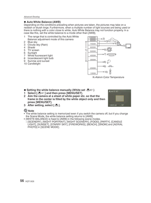 Page 56Advanced-Shooting
56VQT1X05
Auto White Balance (AWB)Depending on the conditions prevailing when pictures are taken, the pictures may take on a 
reddish or bluish tinge. Furthermore, when a multiple number of light sources are being used or 
there is nothing with a color close to white, Auto White Balance may not function properly. In a 
case like this, set the white balance to a mode other than [AWB].
1)2)
4)
6)
7)
8)
9)
10)3) 5)
1  The range that is controlled by the Auto White Balance adjustment mode...