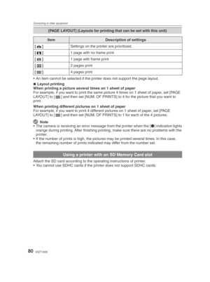 Page 80Connecting to other equipment
80VQT1X05
[PAGE LAYOUT] (Layouts for printing that can be set with this unit)
ItemDescription of settings
[ h ]
Settings on the printer are prioritized.
[ 3 ]
1 page with no frame print
[ 4 ]
1 page with frame print
[ 5 ]
2 pages print
[ 6 ]
4 pages print
•  An item cannot be selected if the printer does not support the page layout. Layout printing
When printing a picture several times on 1 sheet of paper
For example, if you want to print the same picture 4 times on 1 sheet...