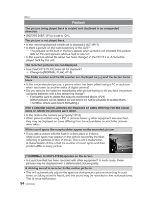 Page 94Others
94VQT1X05
Playback
The picture being played back is rotated and displayed in an unexpected 
direction.
•  [ROTATE DISP.] (P70) is set to [ON].
The picture is not played back.
•  Is the recording/playback switch set to playback [ 5]? (P17)
•  Is there a picture on the built-in memory or the card?
   The pictures on the built-in memory appear when a card is not inserted. The picture 
data on the card appears when a card is inserted.
•  Is this a picture whose ﬁ  le name has been changed in the PC?...