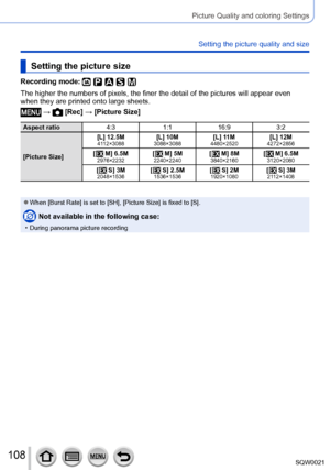 Page 108108SQW0021
Picture Quality and coloring Settings
Setting the picture quality and size
Setting the picture size
Recording mode: 
The higher the numbers of pixels, the finer the detail of the pictures will appear even 
when they are printed onto large sheets.
 →  [Rec] → [Picture Size]
Aspect ratio4:31:116:9 3:2
[Picture Size] [L] 12.5M
4112×3088[L] 10M3088×3088[L] 11M4480×2520[L] 12M4272×2856
[  M] 6.5M2976×2232[  M] 5M2240×2240[  M] 8M3840×2160[  M] 6.5M3120×2080
[  S] 3M2048×1536[  S] 2.5M1536×1536[  S]...