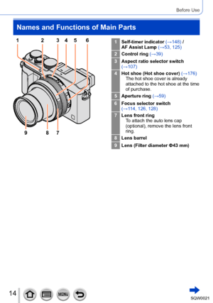 Page 1414SQW0021
Before Use
Names and Functions of Main Parts
1Self-timer indicator (→148) /
AF Assist Lamp (→53, 125)
2 Control ring  (→39)
3 Aspect ratio selector switch 
(→107)
4 Hot shoe (Hot shoe cover) (→176)
The hot shoe cover is already 
attached to the hot shoe at the time 
of purchase.
5 Aperture ring (→59)
6 Focus selector switch 
(→114, 126, 128)
7 Lens front ring
To attach the auto lens cap 
(optional), remove the lens front 
ring.
8 Lens barrel
9 Lens (Filter diameter Φ43 mm)1 2 5 643
9 8 7      