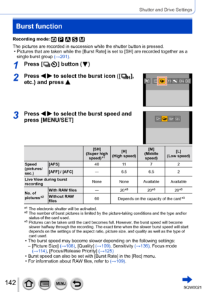 Page 142142SQW0021
Shutter and Drive Settings
Burst function
Recording mode: 
The pictures are recorded in succession while the shutter button is pressed. • Pictures that are taken while the [Burst Rate] is set to [SH] are recorded together as a single burst group  (→201)
.
1Press [  ] button (  )
2Press   to select the burst icon ([  ], 
etc.) and press 
3Press   to select the burst speed and 
press [MENU/SET]
[SH]
(Super high  speed)
*1[H]
(High speed) [M]
(Middle  speed) [L]
(Low speed)
Speed 
(pictures/...