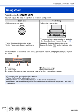 Page 170170SQW0021
Stabilizer, Zoom and Flash
Using Zoom
Recording mode: 
You can adjust the area of a picture to be taken using zoom.
Zoom leverControl ring
  Move the zoom lever  Turn the control ring*
*  You can perform zoom operation by assigning 
the [Zoom] setting to the control ring. 
(→40)
T side : Telephoto, Enlarge the subject
W side : Wide-angle, Capture a wider area Clockwise: Telephoto, Enlarge the subject
Counterclockwise: 
 Wide-angle, Capture a wider 
area
The illustration is an example of when...