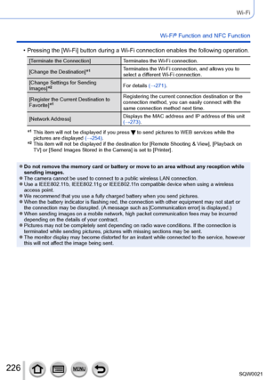 Page 226226SQW0021
Wi-Fi
Wi-Fi® Function and NFC Function
 • Pressing the [Wi-Fi] button during a Wi-Fi connection enables the following operation. 
[Terminate the Connection]Terminates the Wi-Fi connection.
[Change the Destination]
*1Terminates the Wi-Fi connection, and allows you to 
select a different Wi-Fi connection.
[Change Settings for Sending 
Images]
*2For details (→271).
[Register the Current Destination to 
Favorite]
*1Registering the current connection destination or the 
connection method, you can...