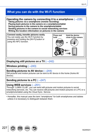 Page 227227SQW0021
Wi-Fi
What you can do with the Wi-Fi function
Operating the camera by connecting it to a smartphone (→228)Taking pictures via a smartphone (remote recording)
Playing back pictures in the camera on a smartphone/tablet
Saving pictures in the camera to the smartphone/tablet
Sending pictures in the camera to social networking services
Writing the location information on pictures in the camera
Connect easily, transfer pictures easily
You can easily use the Wi-Fi function by 
pressing and holding...