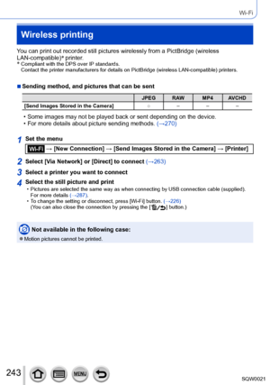 Page 243243SQW0021
Wi-Fi
Wireless printing
You can print out recorded still pictures wirelessly from a PictBridge (wireless 
LAN-compatible)*
 printer.
*
  Compliant with the DPS over IP standards. 
Contact the printer manufacturers for details on PictBridge (wireless LAN-compatible) printers.
 ■Sending method, and pictures that can be sent
JPEG RAW MP4 AVCHD
[Send Images Stored in the Camera] ○–––
 • Some images may not be played back or sent depending on the device. • For more details about picture sending...