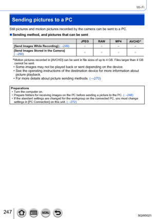 Page 247247SQW0021
Wi-Fi
Sending pictures to a PC
Still pictures and motion pictures recorded by the camera can be sent to a PC.
 ■Sending method, and pictures that can be sent
JPEG RAW MP4AVCHD*
[Send Images While Recording] (→249) ○○ ––
[Send Images Stored in the Camera] 
(→250) ○
○○○
*  Motion pictures recorded in [AVCHD] can be sent in file sizes of up to 4 GB. Files larger than 4 GB 
cannot be sent.
 • Some images may not be played back or sent depending on the device. • See the operating instructions of...