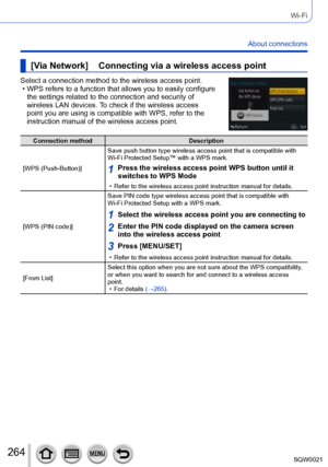 Page 264264SQW0021
Wi-Fi
About connections
[Via Network]    Connecting via a wireless access point
Select a connection method to the wireless access point. • WPS refers to a function that allows you to easily configure the settings related to the connection and security of 
wireless LAN devices. T
o check if the wireless access 
point you are using is compatible with WPS, refer to the 
instruction manual of the wireless access point.
Connection method Description
[WPS (Push-Button)] Save push button type...