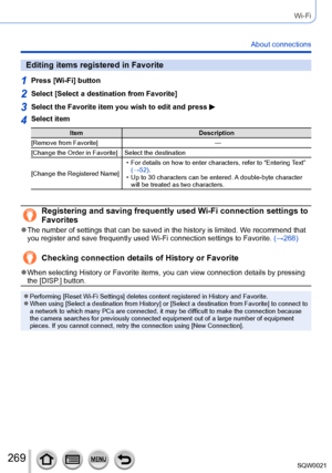 Page 269269SQW0021
Wi-Fi
About connections
Editing items registered in Favorite
1Press [Wi-Fi] button
2Select [Select a destination from Favorite]
3Select the Favorite item you wish to edit and press 
4Select item
ItemDescription
[Remove from Favorite] —
[Change the Order in Favorite] Select the destination
[Change the Registered Name]
 • For details on how to enter characters, refer to “Entering T

ext” 
(→52).
 • Up to 30 characters can be entered. A

 double-byte character 
will be treated as two characters....