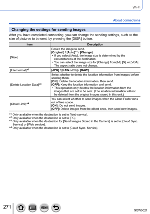 Page 271271SQW0021
Wi-Fi
About connections
Changing the settings for sending images
After you have completed connecting, you can change the sending settings, such as the 
size of pictures to be sent, by pressing the [DISP.] button.
ItemDescription
[Size] Resize the image to send.
[Original] / [Auto]
*1 / [Change] • If you select [Auto], the image size is determined by the 
circumstances at the destination.
 • You can select 

the image size for [Change] from [M], [S], or [VGA]. 
The aspect ratio does not...