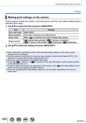 Page 290290SQW0021
Connecting with other devices
Printing
Making print settings on the camera
Setting options include the number of printed pictures and their size. Make settings before 
selecting [Print start].
1Use   to select the item and press [MENU/SET]
ItemSettings
[Print with Date] [ON] / [OFF]
[Num.of prints] Set number of pictures (up to 999 pictures)
[Paper Size] When [
  ] is selected, the printer settings take priority .
[Page Layout] [
  ] (printer takes priority) / [  ] (1 picture, no border) / 
[...