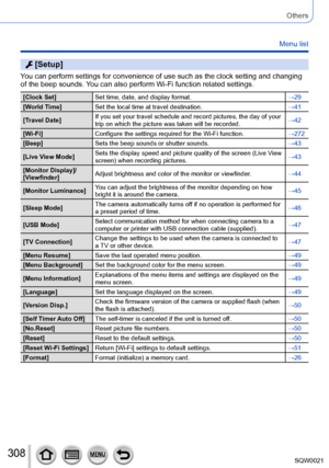 Page 308308SQW0021
Others
Menu list
 [Setup]
You can perform settings for convenience of use such as the clock setting and changing 
of the beep sounds. You can also perform Wi-Fi function related settings.
[Clock Set]Set time, date, and display format. →29
[World Time] Set the local time at travel destination. →41
[Travel Date] If you set your travel schedule and record pictures, the day of your 
trip on which the picture was taken will be recorded. →42
[Wi-Fi] Configure the settings required for the Wi-Fi...