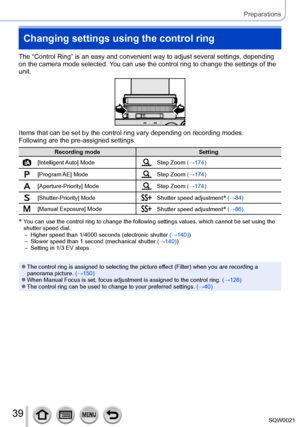 Page 3939SQW0021
Preparations
Changing settings using the control ring
The “Control Ring” is an easy and convenient way to adjust several settings, depending 
on the camera mode selected. You can use the control ring to change the settings of the 
unit.
Items that can be set by the control ring vary depending on recording modes.
Following are the pre-assigned settings.
Recording modeSetting
[Intelligent Auto] ModeStep Zoom (→174)
[Program AE] ModeStep Zoom (→174)
[Aperture-Priority] ModeStep Zoom (→174)...