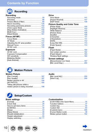 Page 1010SQW0021
Contents by Function
RecordingRecording mode ...........................................59
[Preview] ................................. ......................88
Picture effects (Filter).................................... 89
Macro recording
 .................................

.........126
Recording panorama pictures
 .................... 150
[T

ime Lapse Shot]
 .................................
 ......153
[Stop Motion Animation]
 .............................. 156
[Multi Exp.]...