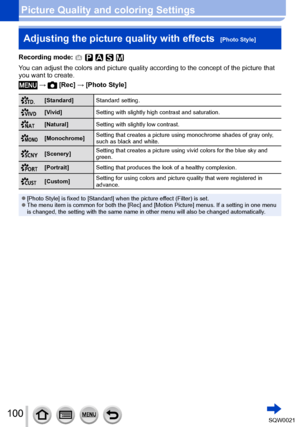 Page 100100SQW0021
Picture Quality and coloring SettingsAdjusting the picture quality with effects  
[Photo Style]
Recording mode: 
You can adjust the colors and picture quality according to the concept of the picture that 
you want to create.
 →  [Rec] → [Photo Style]
[Standard] Standard setting.
[Vivid]Setting with slightly high contrast and saturation.
[Natural]Setting with slightly low contrast.
[Monochrome]Setting that creates a picture using monochrome shades of gray only
, 
such as black and white....