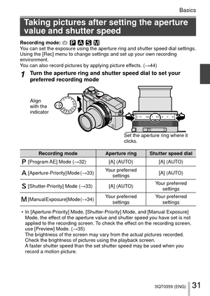 Page 3131SQT0359 (ENG)
Basics
 Taking pictures after setting the aperture 
value and shutter speed
Recording mode: You can set the exposure using the aperture ring and shutter speed dial s\
ettings.
Using the [Rec] menu to change settings and set up your own recording 
environment.
You can also record pictures by applying picture effects. (→44)
1Turn the aperture ring and shutter speed dial to set your 
preferred recording mode
Set the aperture ring where it 
clicks.
Align 
with the 
indicator
Recording mode...