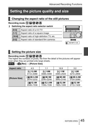 Page 4545SQT0359 (ENG)
Advanced Recording Functions
 Changing the aspect ratio of the still pictures
Recording mode: 
1Switching the aspect ratio selector switch
[4:3]Aspect ratio of a 4:3 TV
[1:1] Aspect ratio of a square image
[16:9] Aspect ratio of high-definition TV, etc.
[3:2] Aspect ratio of standard film cameras
 Setting the picture size
Recording mode: The higher the numbers of pixels, the finer the detail of the pictures w\
ill appear 
even when they are printed onto large sheets.
 →  [Rec] → [Picture...