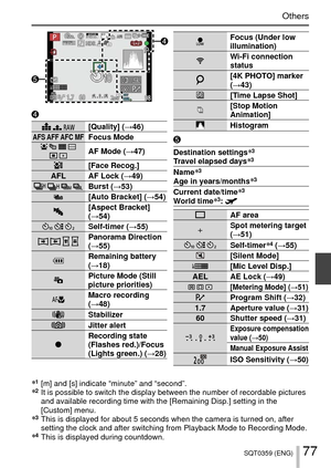 Page 7777SQT0359 (ENG)
Others
  [Quality] (→46)AFS AFF AFC MFFocus Mode     AF Mode ( →47)
[Face Recog.]
AFL AF Lock ( →49)
   Burst (→53)[Auto Bracket] (→54)[Aspect Bracket] 
(→54)
  Self-timer (→55)
   Panorama Direction 
(→55)
Remaining battery 
(→18)
Picture Mode (Still 
picture priorities)
Macro recording 
(→48)
StabilizerJitter alert Recording state 
(Flashes red.)/Focus 
(Lights green.) (→28)
∗1  [m] and [s] indicate “minute” and “second”.∗2  It is possible to switch the display between the number of...