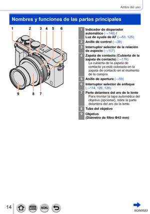 Page 1414SQW0023
Antes del uso
Nombres y funciones de las partes principales
1Indicador de disparador 
automático (→148) /
Luz de ayuda de AF (→53, 125)
2 Anillo de control  (→39)
3 Interruptor selector de la relación 
de aspecto (→107)
4 Zapata de contacto (Cubierta de la 
zapata de contacto) (→176)
La cubierta de la zapata de 
contacto ya está colocada en la 
zapata de contacto en el momento 
de la compra.
5 Anillo de apertura  (→59)
6 Interruptor selector de enfoque 
(→114, 126, 128)
7 Parte delantera del...