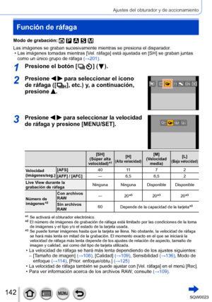 Page 142142SQW0023
Ajustes del obturador y de accionamiento
Función de ráfaga
Modo de grabación: 
Las imágenes se graban sucesivamente mientras se presiona el disparador. • Las imágenes tomadas mientras [V
el. ráfaga] está ajustada en [SH] se graban juntas 
como un único grupo de ráfaga  (→201).
1Presione el botón [  ] (  ).
2Presione   para seleccionar el icono 
de ráfaga ([
 
 ], etc.) y, a continuación, 
presione 
.
3Presione   para seleccionar la velocidad 
de ráfaga y presione [MENU/SET].
[SH]
(Súper alta...