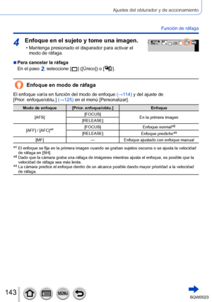 Page 143143SQW0023
Ajustes del obturador y de accionamiento
Función de ráfaga
4Enfoque en el sujeto y tome una imagen.
 • Mantenga presionado el disparador para activar el modo de ráfaga.60i
 ■Para cancelar la ráfaga
En el paso 
2, seleccione [  ] ([Único]) o [   ].
Enfoque en modo de ráfaga
El enfoque varía en función del modo de enfoque  (→114) y del ajuste de 
[Prior. enfoque/obtu.] (→125) en el menú [Personalizar].
Modo de enfoque [Prior. enfoque/obtu.] Enfoque
[AFS] [FOCUS]
En la primera imagen
[RELEASE]...