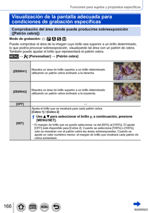 Page 166166SQW0023
Funciones para sujetos y propósitos específicos
Visualización de la pantalla adecuada para 
condiciones de grabación específicas
Comprobación del área donde puede producirse sobreexposición 
([Patrón cebra])
Modo de grabación: 
Puede comprobar el área de la imagen cuyo brillo sea superior a un brillo determinado, 
lo que podría provocar sobreexposición, visualizando tal área con un patrón de cebra. 
También puede ajustar el brillo que representará el patrón cebra.
 →  [Personalizar] → [Patrón...