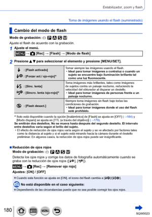 Page 180180SQW0023
Estabilizador, zoom y flash
Toma de imágenes usando el flash (suministrado)
Cambio del modo de flash
Modo de grabación: 
Ajuste el flash de acuerdo con la grabación.
1Ajuste el menú.
 →  [Rec] → [Flash] → [Modo de flash]
2Presione   para seleccionar el elemento y presione [MENU/SET].
: [Flash activado]
: [Forzar act./ ojo-rojo]*
Tomar siempre las imágenes usando el flash. •Ideal para tomar imágenes a contraluz o cuando un 
sujeto se encuentre bajo iluminación brillante tal 
como una luz...