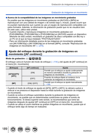 Page 189189SQW0023
Grabación de imágenes en movimiento
Grabación de imágenes en movimiento
 ■Acerca de la compatibilidad de las imágenes en movimiento grabadas
Es posible que las imágenes en movimiento grabadas en [AVCHD] o [MP4] se 
reproduzcan con una calidad de imagen o de sonido baja o, incluso, puede ocurrir que 
no puedan reproducirse aun cuando se use un equipo de reproducción compatible con 
estos formatos. Además, la información de grabación puede que no se visualice bien. 
En este caso, utilice esta...