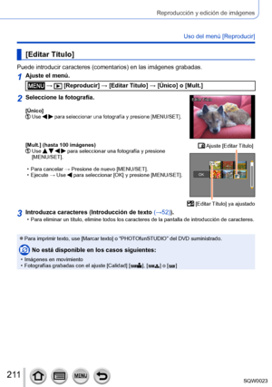 Page 211211SQW0023
Reproducción y edición de imágenes
Uso del menú [Reproducir]
[Editar Título]
Puede introducir caracteres (comentarios) en las imágenes grabadas.
1Ajuste el menú.
 →  [Reproducir] → [Editar Título] → [Único] o [Mult.]
2Seleccione la fotografía.
[Único]  Use   para seleccionar una fotografía y presione [MENU/SET].
Editar TítuloEditar Título
[Mult.] (hasta 100 imágenes)  Use     para seleccionar una fotografía y presione 
[MENU/SET].
 • Para cancelar → 

 
Presione de nuevo [MENU/SET]. • Ejecute...