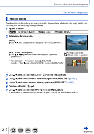 Page 212212SQW0023
Reproducción y edición de imágenes
Uso del menú [Reproducir]
[Marcar texto]
Puede estampar la fecha y hora de grabación, los nombres, el destino del viaje, las fechas 
del viaje, etc. en las fotografías grabadas.
1Ajuste el menú.
 →  [Reproducir] → [Marcar texto] → [Único] o [Mult.]
2Seleccione la fotografía.
[Único]  Use   para seleccionar una fotografía y presione [MENU/SET].
Marcar textoMarcar texto
[Mult.] (hasta 100 imágenes).  Use     para seleccionar una fotografía y presione...