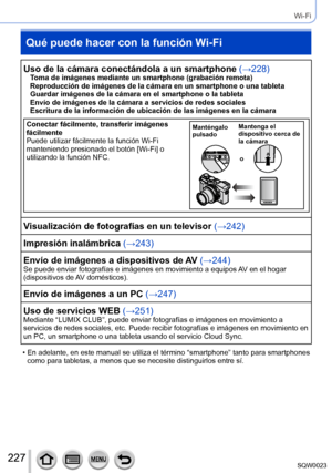 Page 227227SQW0023
Wi-Fi
Qué puede hacer con la función Wi-Fi
Uso de la cámara conectándola a un smartphone (→228)Toma de imágenes mediante un smartphone (grabación remota)
Reproducción de imágenes de la cámara en un smartphone o una tableta
Guardar imágenes de la cámara en el smartphone o la tableta
Envío de imágenes de la cámara a servicios de redes sociales
Escritura de la información de ubicación de las imágenes en la cámara
Conectar fácilmente, transferir imágenes 
fácilmente
Puede utilizar fácilmente la...