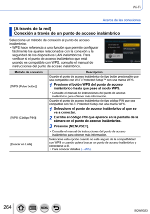 Page 264264SQW0023
Wi-Fi
Acerca de las conexiones
[A través de la red]    
Conexión a través de un punto de acceso inalámbrico
Seleccione un método de conexión al punto de acceso 
inalámbrico.
 • WPS hace referencia a una función que permite configurar fácilmente los ajustes relacionados con la conexión y la 
seguridad de los dispositivos LAN inalámbricos. Para 
verificar si el punto de acceso inalámbrico que está 
usando es compatible con WPS, consulte el manual de 
instrucciones del punto de acceso...