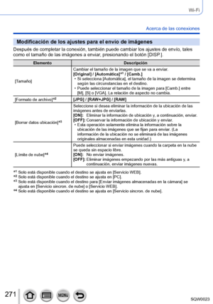 Page 271271SQW0023
Wi-Fi
Acerca de las conexiones
Modificación de los ajustes para el envío de imágenes
Después de completar la conexión, también puede cambiar los ajustes de envío, tales 
como el tamaño de las imágenes a enviar, presionando el botón [DISP.].
ElementoDescripción
[Tamaño] Cambiar el tamaño de la imagen que se va a enviar.
[Original] / [Automática]
*1 / [Camb.] • Si selecciona [Automática
], el tamaño de la imagen se determina 
según las circunstancias en el destino.
 • Puede seleccionar el tamaño...