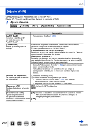 Page 272272SQW0023
Wi-Fi
[Ajuste Wi-Fi]
Configure los ajustes necesarios para la función Wi-Fi.
[Ajuste Wi-Fi] no se puede cambiar durante la conexión a Wi-Fi.
1Ajuste el menú.
 →  [Conf.] → [Wi-Fi] → [Ajuste Wi-Fi] → Ajuste deseado
ElementoDescripción
[LUMIX CLUB]
Adquiere o cambia el ID 
de inicio de sesión de 
“LUMIX CLUB”.
 • Para conocer detalles  (→

258).
[Conexión PC]
Puede ajustar el grupo de 
trabajo. Para enviar imágenes al ordenador, debe conectarse al mismo 
grupo de trabajo que el del ordenador de...